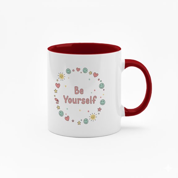 11 Ounce "Be Yourself" Ceramic Mug with Inspirational Quote & Smiling Faces Design - Black Handle Coffee Cup for Daily Use