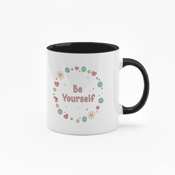 11 Ounce "Be Yourself" Ceramic Mug with Inspirational Quote & Smiling Faces Design - Black Handle Coffee Cup for Daily Use
