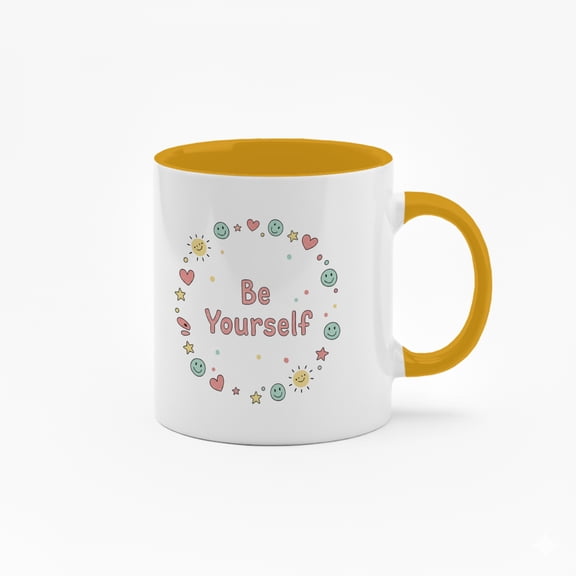 11 Ounce "Be Yourself" Ceramic Mug with Inspirational Quote & Smiling Faces Design - Black Handle Coffee Cup for Daily Use