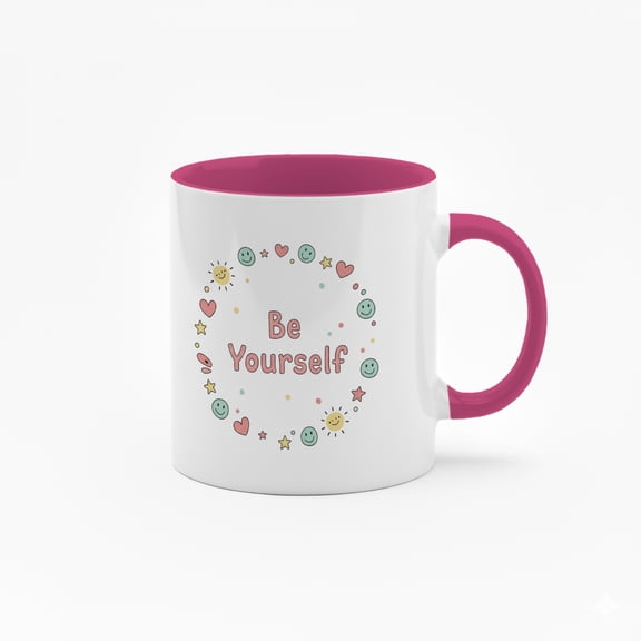 11 Ounce "Be Yourself" Ceramic Mug with Inspirational Quote & Smiling Faces Design - Black Handle Coffee Cup for Daily Use