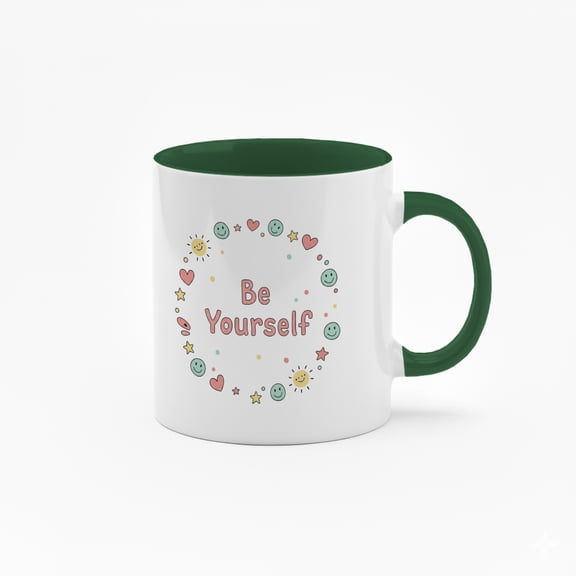 11 Ounce "Be Yourself" Ceramic Mug with Inspirational Quote & Smiling Faces Design - Black Handle Coffee Cup for Daily Use