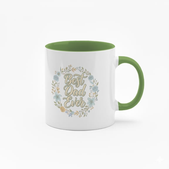 11 Ounce "Best Dad Ever" Ceramic Mug with Colorful Inner Lining - Inspirational Quote Coffee Cup with Floral Wreath Design