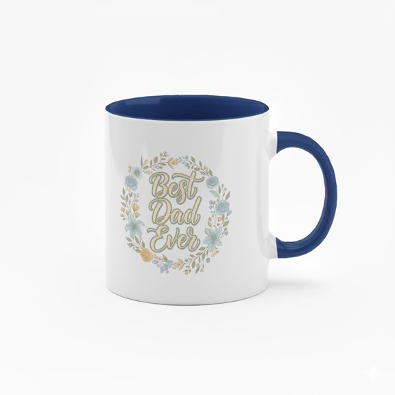 11 Ounce "Best Dad Ever" Ceramic Mug with Colorful Inner Lining - Inspirational Quote Coffee Cup with Floral Wreath Design
