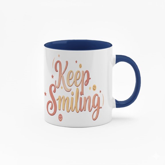 11 Ounce "Keep Smiling" Ceramic Mug with Colorful Inner Lining - Inspirational Quote Coffee Cup with Star & Smiley Design
