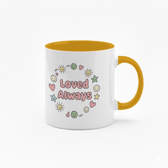 11 Ounce "Loved Always" Ceramic Mug with Smiling Faces & Hearts Design - Black Handle Coffee Cup for Daily Use