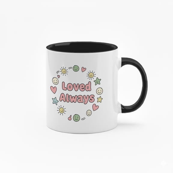 11 Ounce "Loved Always" Ceramic Mug with Smiling Faces & Hearts Design - Black Handle Coffee Cup for Daily Use