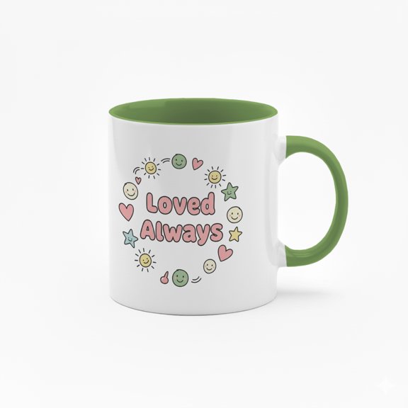 11 Ounce "Loved Always" Ceramic Mug with Smiling Faces & Hearts Design - Black Handle Coffee Cup for Daily Use