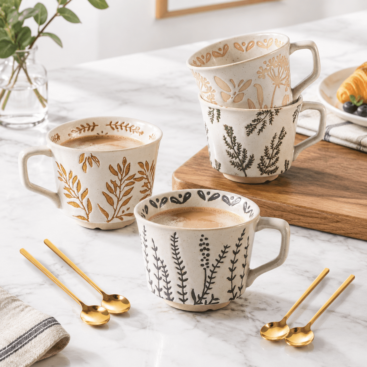 11-Ounce Mixed Color Ceramic Mug Set of 4 with Spoons, Stoneware Coffee ...