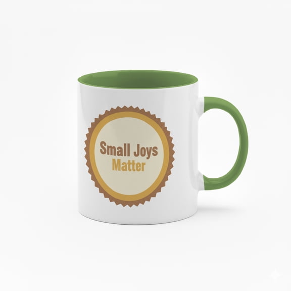 11 Ounce "Small Joys Matter" Ceramic Mug with Colorful Inner Lining - Inspirational Quote Coffee Cup with Badge Design
