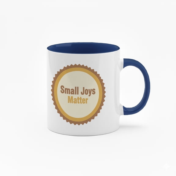 11 Ounce "Small Joys Matter" Ceramic Mug with Colorful Inner Lining - Inspirational Quote Coffee Cup with Badge Design