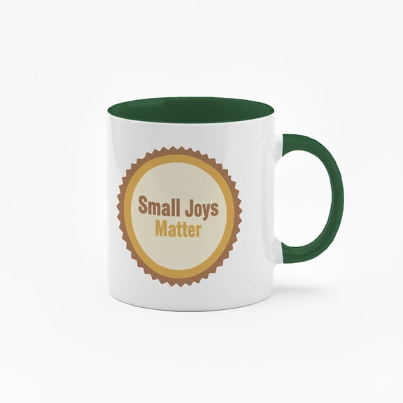 11 Ounce "Small Joys Matter" Ceramic Mug with Colorful Inner Lining - Inspirational Quote Coffee Cup with Badge Design