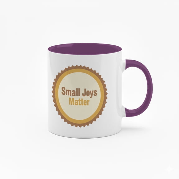 11 Ounce "Small Joys Matter" Ceramic Mug with Colorful Inner Lining - Inspirational Quote Coffee Cup with Badge Design