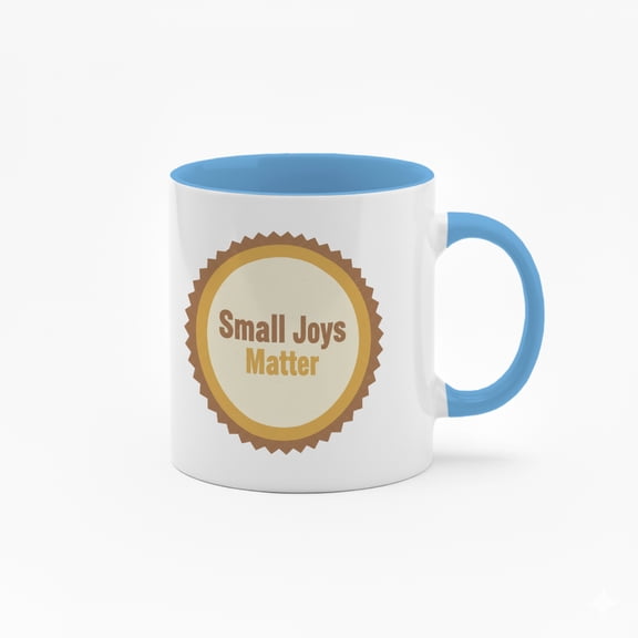 11 Ounce "Small Joys Matter" Ceramic Mug with Colorful Inner Lining - Inspirational Quote Coffee Cup with Badge Design