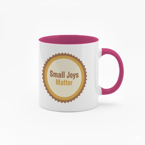 11 Ounce "Small Joys Matter" Ceramic Mug with Colorful Inner Lining - Inspirational Quote Coffee Cup with Badge Design