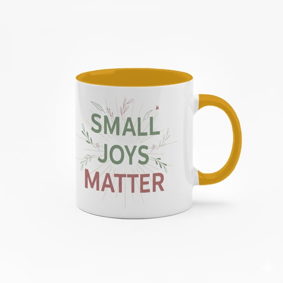 11 Ounce "Small Joys Matter" Ceramic Mug with Floral Design - Black Handle Coffee Cup for Daily Use