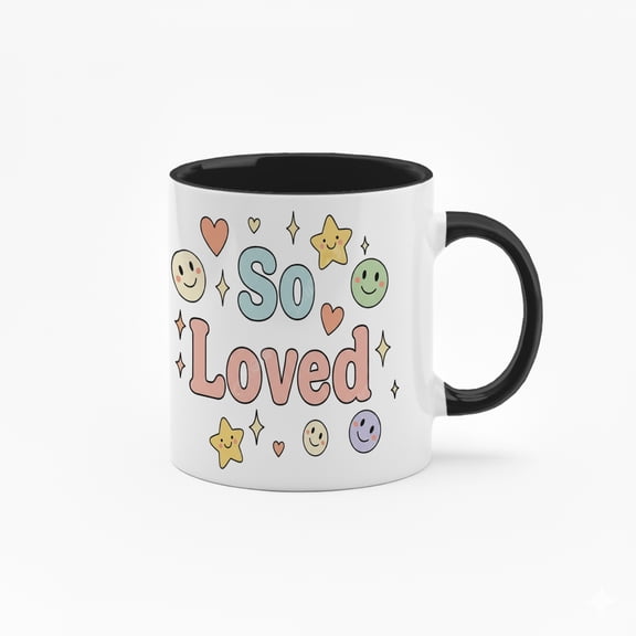 11 Ounce "So Loved" Ceramic Mug with Colorful Inner Lining - Inspirational Quote Coffee Cup with Stars & Smiles Design