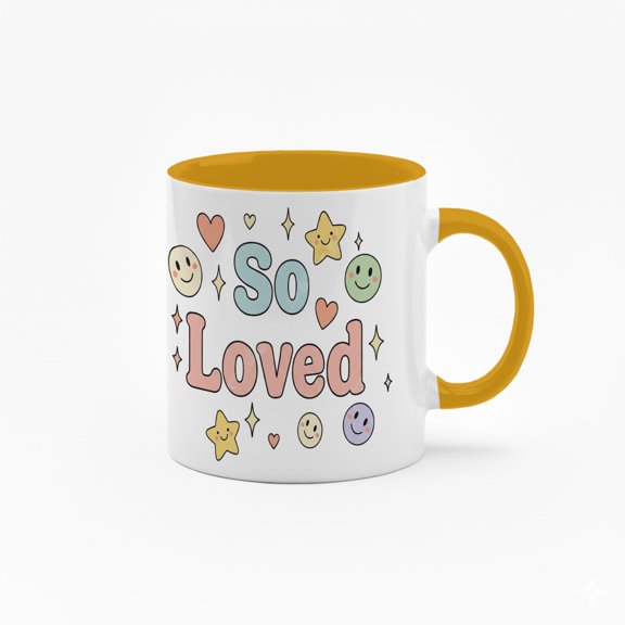 11 Ounce "So Loved" Ceramic Mug with Colorful Inner Lining - Inspirational Quote Coffee Cup with Stars & Smiles Design