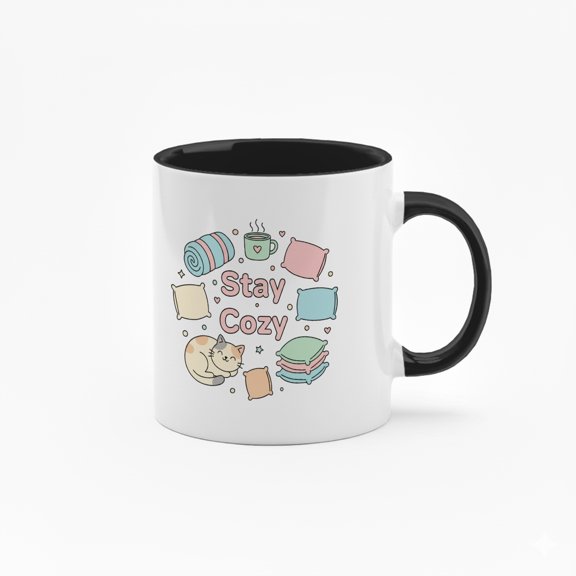 11 Ounce "Stay Cozy" Ceramic Mug with Cute Cat & Pillow Print - Black Handle Coffee Cup for Daily Use