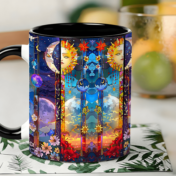 11 Ounces, a Black Ceramic Mug for Coffee Or Tea Featuring a Fantasy Celestial Design. This Cup Is Adorned with Vibrant Celestial And Floral Motifs, Making It a Perfect Gift for Friends, Family