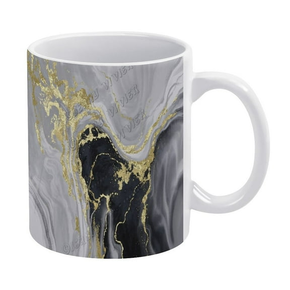 11 Oz Black and Gold Marble Ceramic Mug - Stylish Coffee and Water Cup with Handle for Home or Office Use