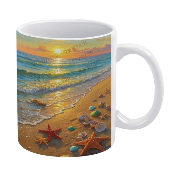 11 Oz Ceramic Coffee Mug, Beach And Seashells, Ideal Mug for Coffee Addicts and Nature Lovers
