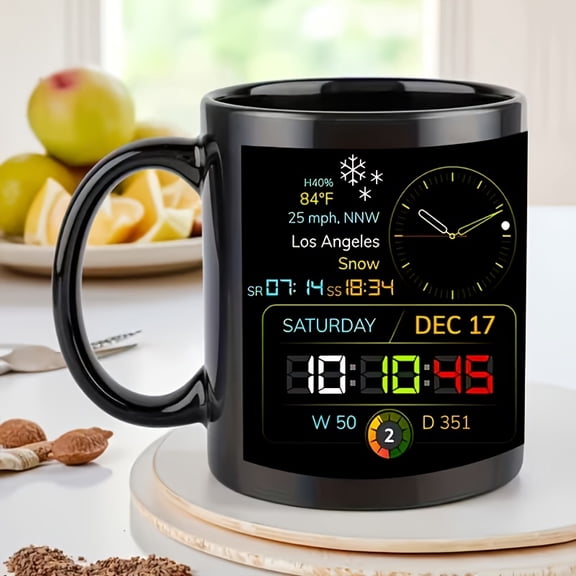 11 Oz Ceramic Coffee Mug with Digital Temp Clock 2D Print, Heat Resistant Safe for Microwave Dishwasher Oven Freezer, Tech Cup Gift for Home Office Kitchen