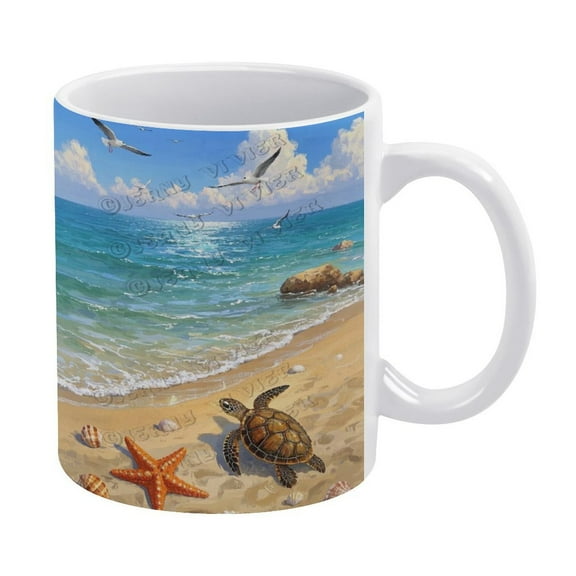 11 Oz Ceramic Coffee Mug, Sea Turtle on The Beach Theme, Perfect for Hot Drinks