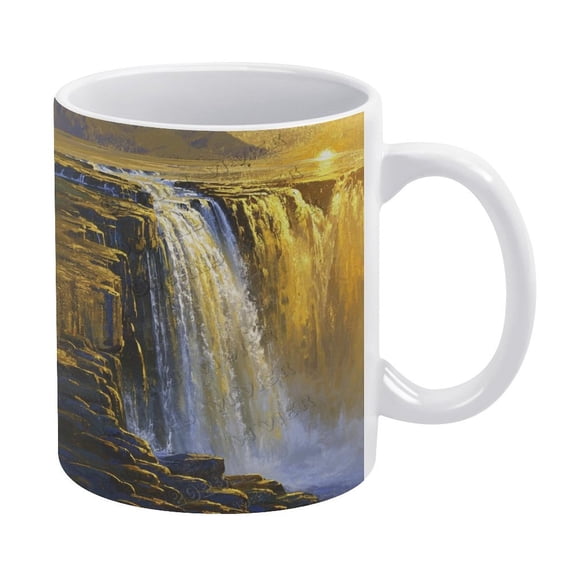 11 Oz Ceramic Coffee Mug, Waterfall with Gold Sunshine Design, Great for Hot Drinks