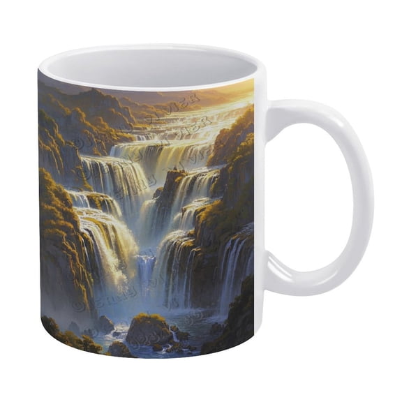 11 Oz Ceramic Coffee Mug, Waterfall with Gold Sunshine Design, Ideal for Nature and Relaxation