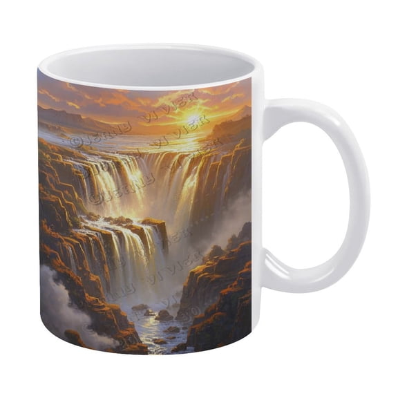 11 Oz Ceramic Coffee Mug, Waterfall with Gold Sunshine Theme, Ideal for Office or Home Use
