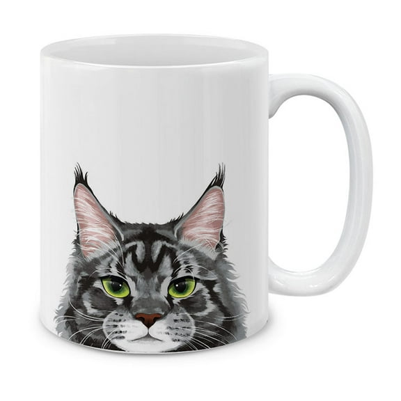 WIRESTER 11oz 325ml Ceramic Tea Cup Coffee Mug With Handgrip For Gift, Birthday, Anniversary, Christmas - Animal Black Silver Maine Coon Cat
