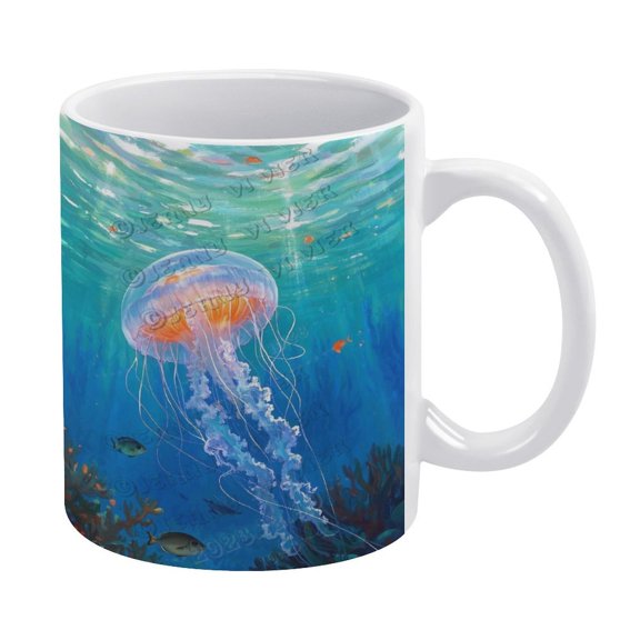 11 Oz Jellyfish Ceramic Coffee Mug, Ideal for Office or Home Use, Nature-Themed Mug