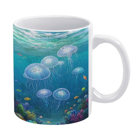 11 Oz Jellyfish Coffee Mug, Ceramic, Great for Coffee or Tea, Relaxing Beach Theme