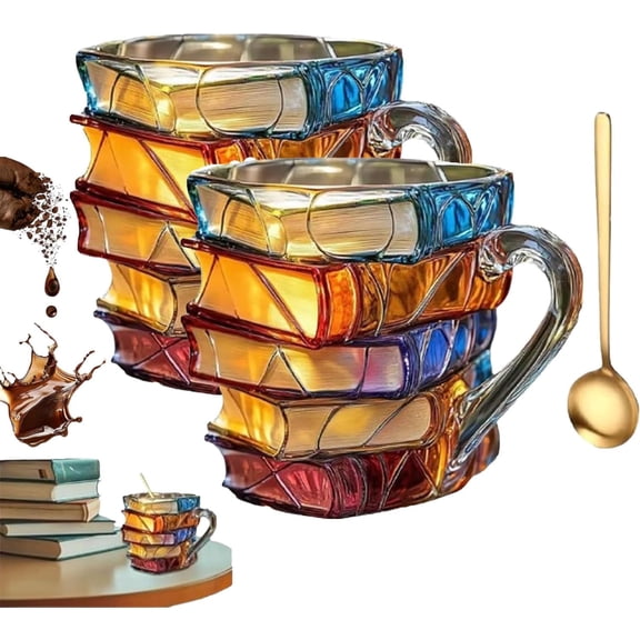 11 Oz Stained Glass 𝐁ook Coffee 𝐌ug with Spoon, 3D Painted Book Tea Cup, Unique Handcrafted Gift for Readers Librarians Literature Lovers, 2 Pack