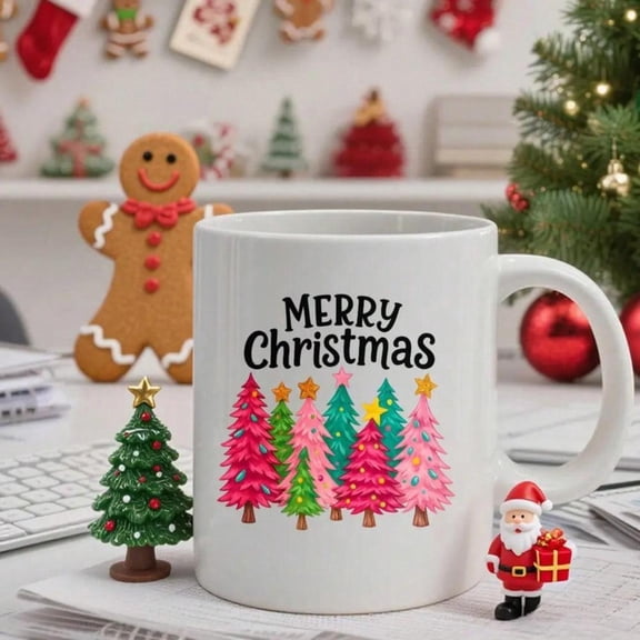 11 Oz White Ceramic Christmas Tree Mug With Pink And Green Pine Trees And Stars Design Gold Lettering Merry Christmas Holiday Coffee Mug Suitable Hot Cocoa Tea Women Men Home And O