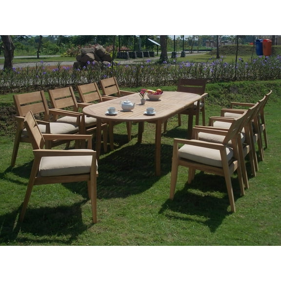 11 PC A Grade Outdoor Patio Teak Dining Set - 117" Double Extension Oval Table & 10 Cellore Stacking Arm Chairs