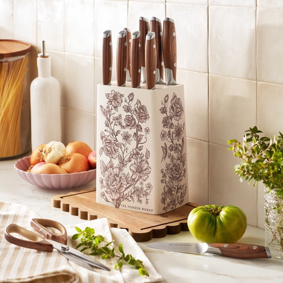 The Pioneer Woman 11 Pieces Knife Set with Decal Block Stainless Steel Knives, Forged,Brown Agatha