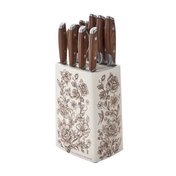 The Pioneer Woman 11 Pieces Knife Set with Decal Block Stainless Steel Knives, Forged,Brown Agatha