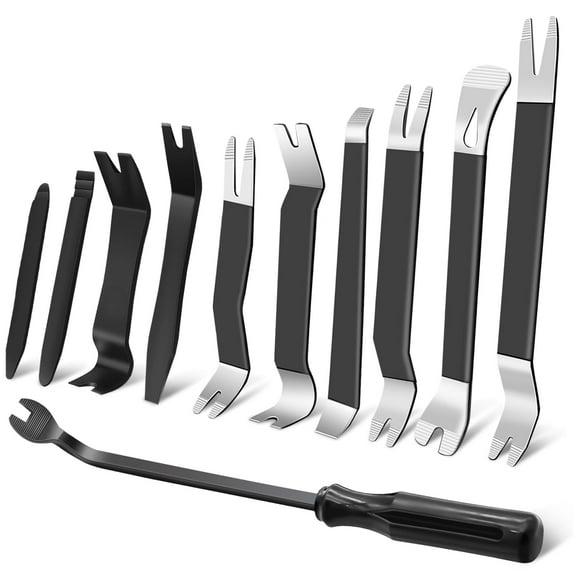 11 PCS AutoTrim Removal Tool Kit, Metal Pry Tool Auto Fastener Remover Pry Bar Set Trim Remover Kits for Vehicle Door Panel, Audio Radio Panel, Dashboard Repair Kit