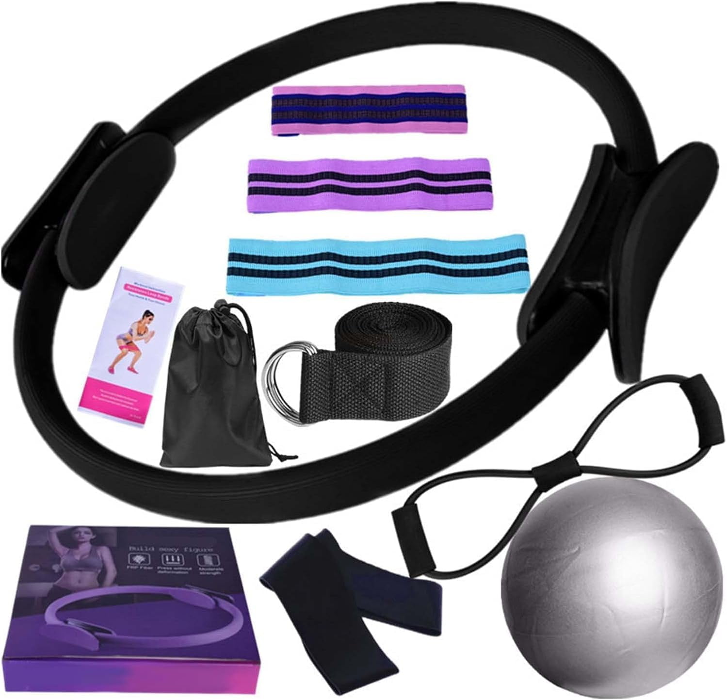 LLELEMAMO Better Me Kit Pilates Femme - 11 Pièces : Bandeaux, Ballon 25cm, Anneau, Sangle Élastique, Sac