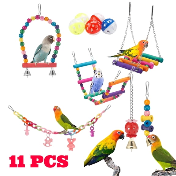 11 PCS Bird Toys, Swing Hanging Standing Chewing Toy Hammock Climbing Ladder, Cage Colorful Toys