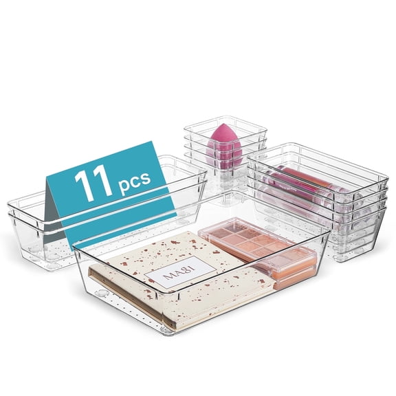 Sindcom 11 PCS Clear Plastic Drawer Organizers Set, 4-Size Versatile Bathroom and Vanity Trays