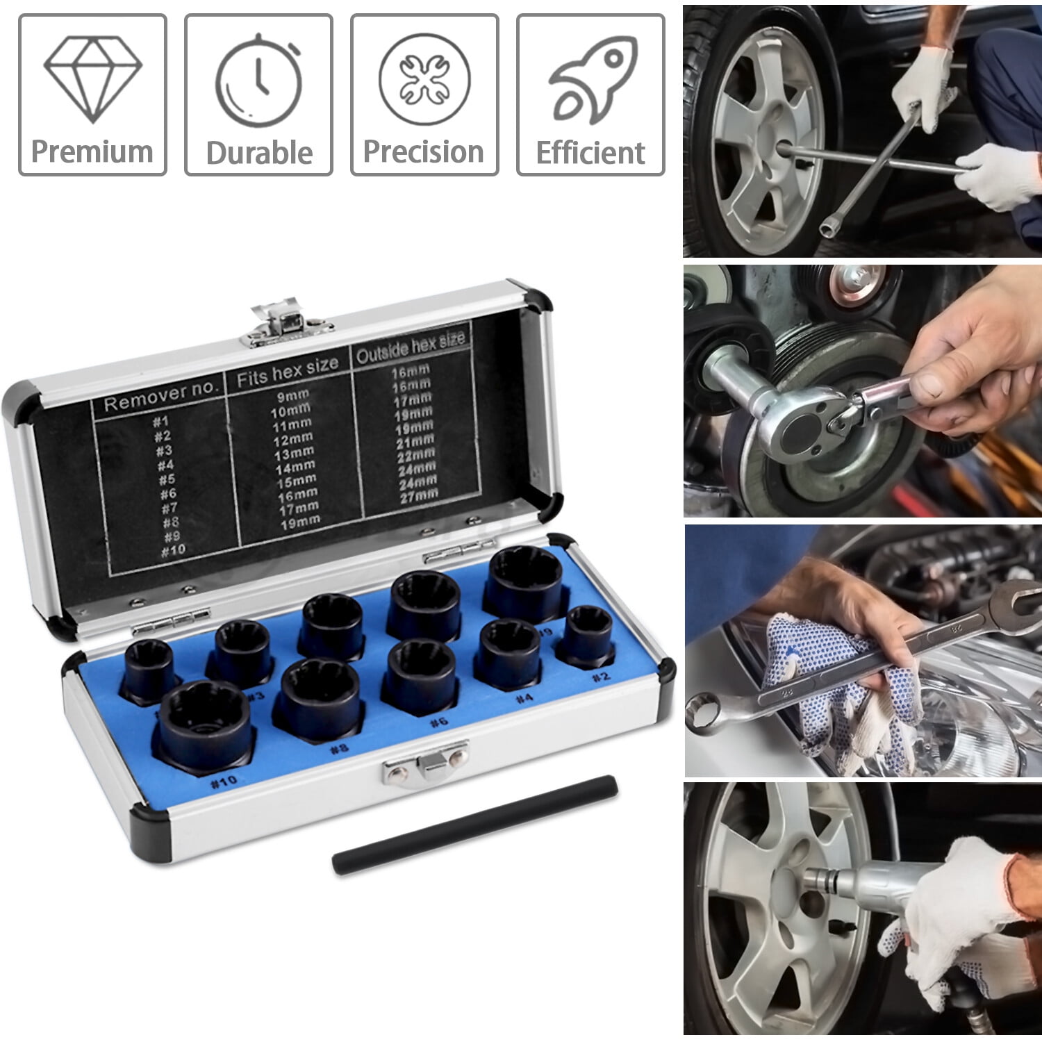 Damaged Lug Nut Lock Remover Twist Socket Set Screw Extractor Tool 9-19mm 11 PCS