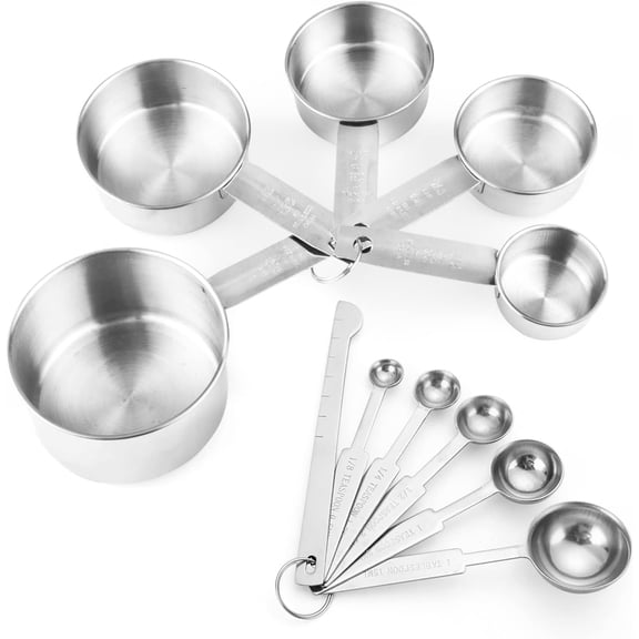 11 PCS Stainless Steel Measuring Cups Spoons Set, 5 Nesting Cups and 5 Stackable Spoons with 1 Leveler Measuring Tools Set for Dry Liquid Ingredients Cooking Baking