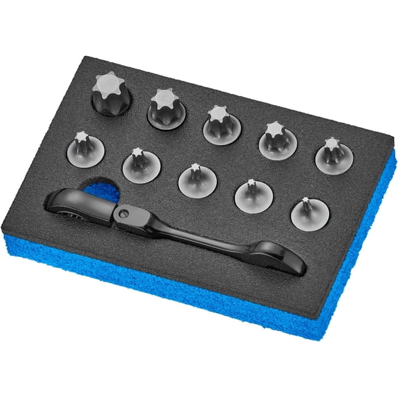 11 PCS Stubby Torx Bit & Flex Ratcheting Wrench Set, 120-Tooth Ratchet with Non-Slip 13mm Open End, Low Profile S2 Star Bits T10T60 for Automotive & Tight Spaces