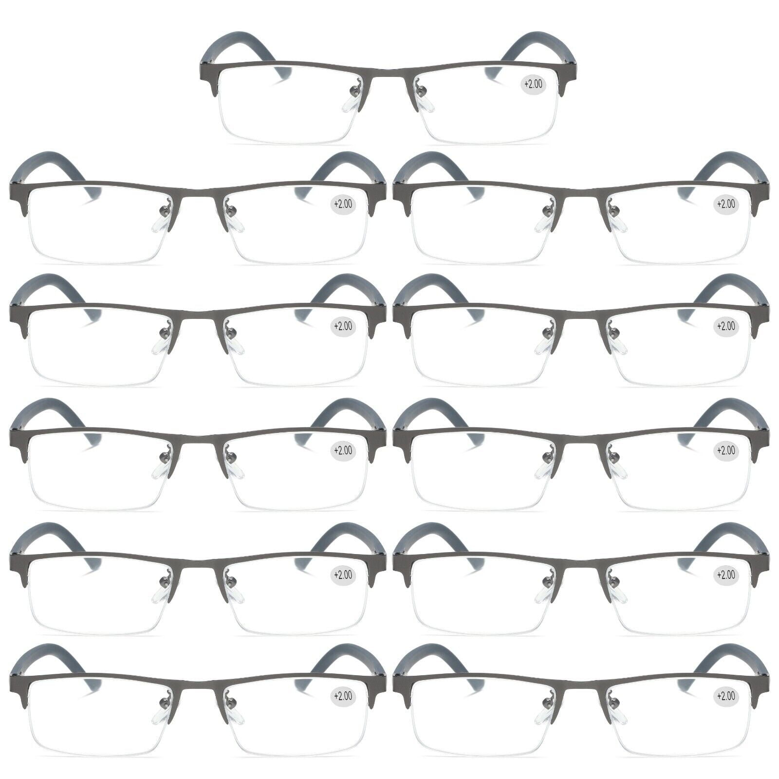 11 PK Men's Blue Light Blocking Reading Glasses - Rectangular Metal Half-Frame - Spring Hinge Readers +0.75