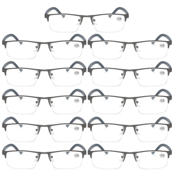 11 PK Men's Blue Light Blocking Reading Glasses - Rectangular Metal Half-Frame - Spring Hinge Readers +1.25