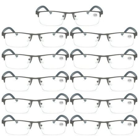 11 PK Men's Blue Light Blocking Reading Glasses - Rectangular Metal Half-Frame - Spring Hinge Readers +2.25