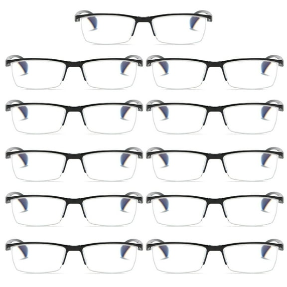 11 PK Mens Reading Glasses Readers - Rectangular Half-Frame - Lightweight & Spring Hinge - Block Harmful Blue Light +0.75