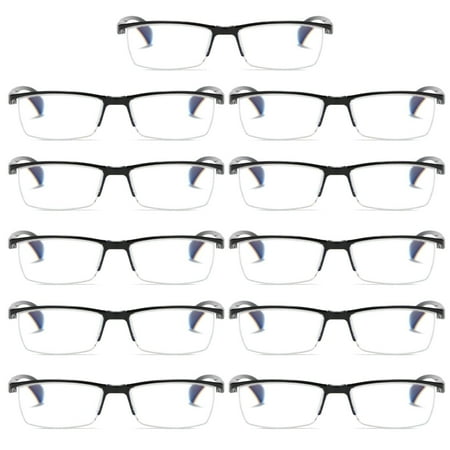 11 PK Mens Reading Glasses Readers - Rectangular Half-Frame - Lightweight & Spring Hinge - Block Harmful Blue Light +4.00